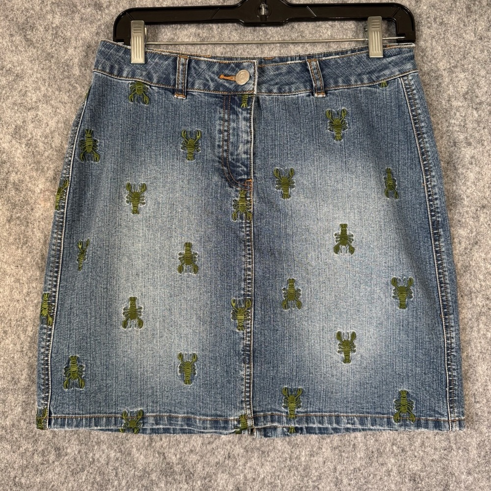 Vtg Lilly Pulitzer Lobsters Denim Jean Skirt Womens 2 Embroidered Beach Summer
